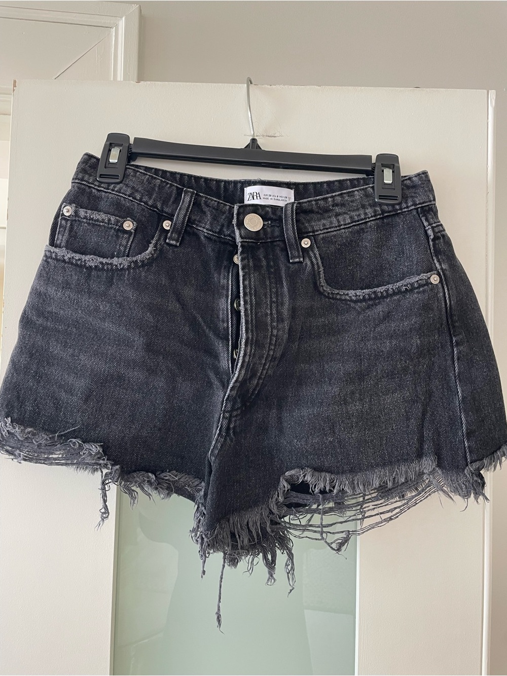 Zara Washed Black Distressed Denim Shorts